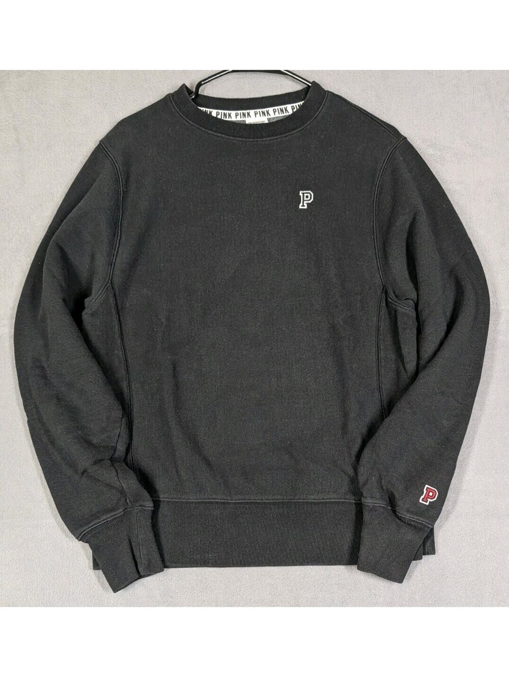 Pink Victorias Secret Womens S Black Embroidered P Crewneck Sweatshirt Pullovers